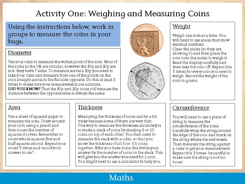 Activity One: Weighing and Measuring Coins Weight  Weigh one coin at a time.